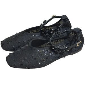 J.Crew Black Quinn Embellished Removable Ankle Strap Ballet Flat Sequin Mesh 8.5